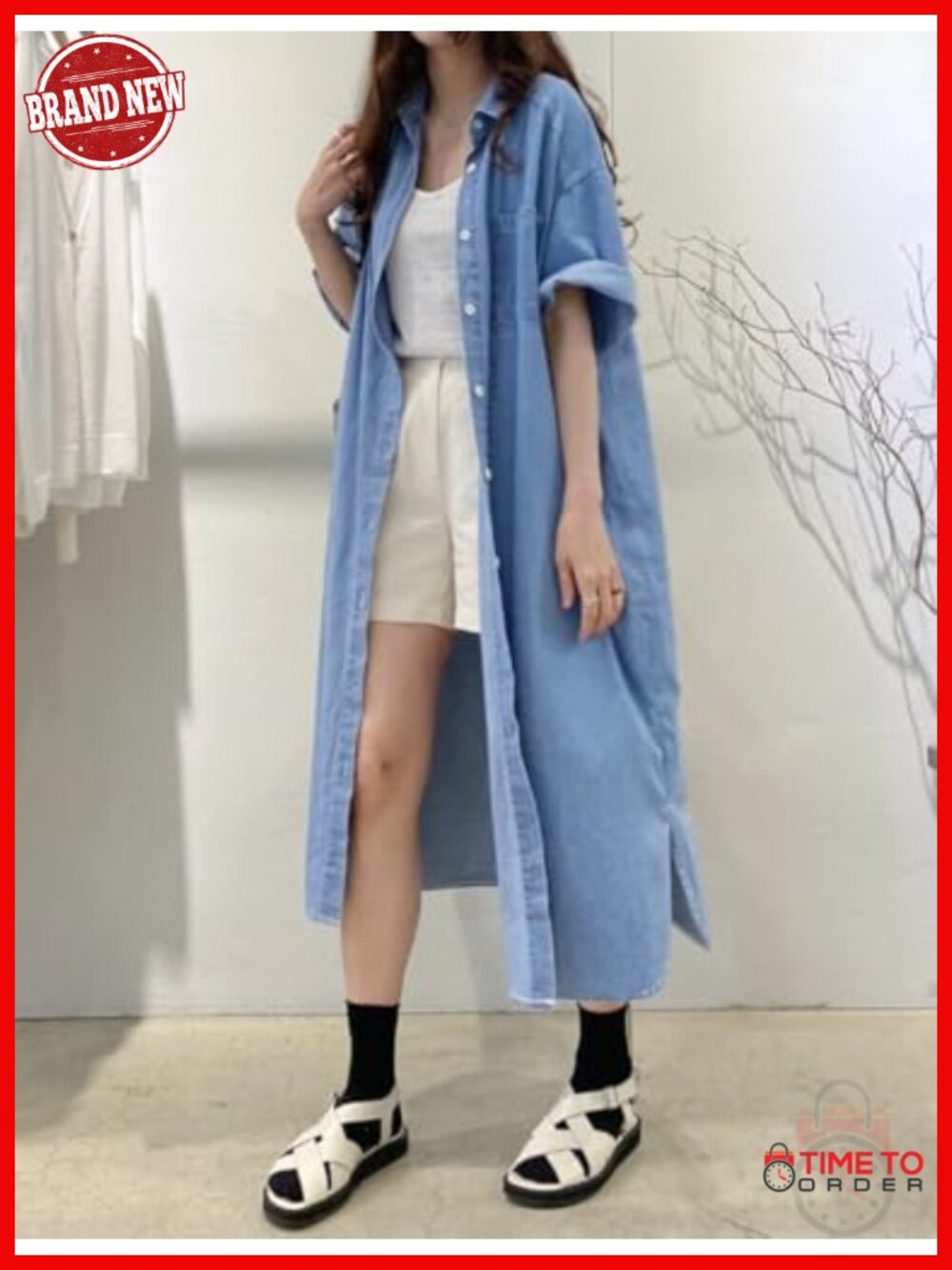 Women's Casual Short Sleeve Long Denim Shirt Dress Button Down Loose Fit Midi - Picture 3 of 5